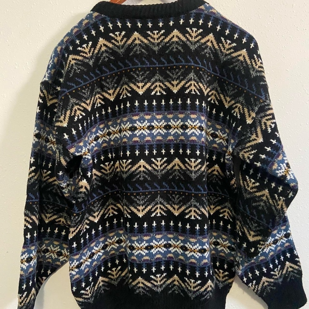 Vintage 90s Atlas Mens Blue Geometric Nordic Fair Isle Knit Crewneck Sweater - Picture 6 of 6